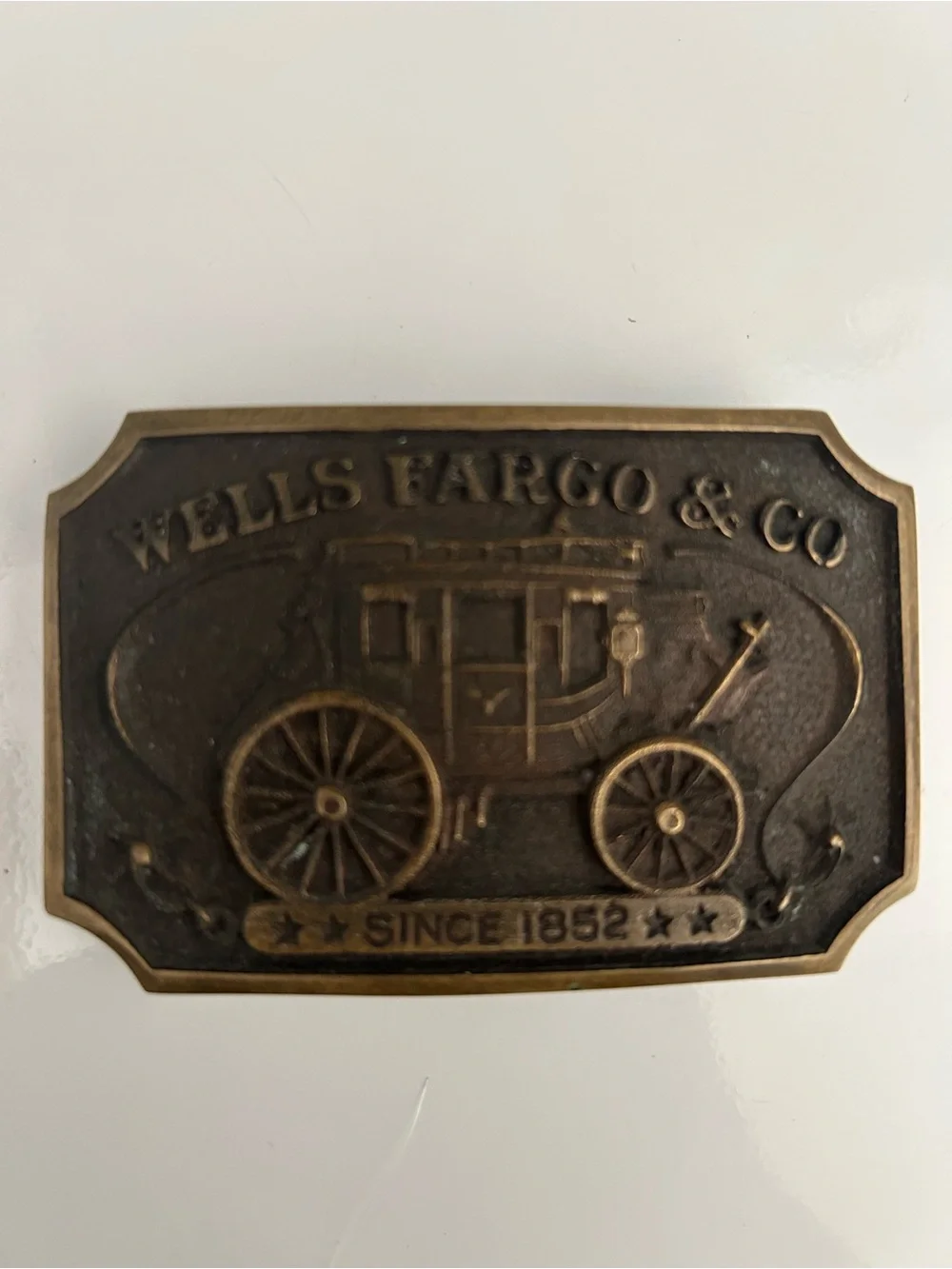 Vintage Wells Fargo Brass Belt Buckle - Aged Bronze Patina